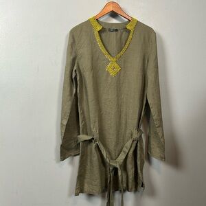 Herry Green Linen Long Belted Beaded Chest Tunic size EUR 42 US 6